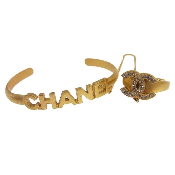 CHANEL CC Logos Rhinestone Bangle Chain Ring #6 Gold-Tone Vintage - Picture 1 of 4
